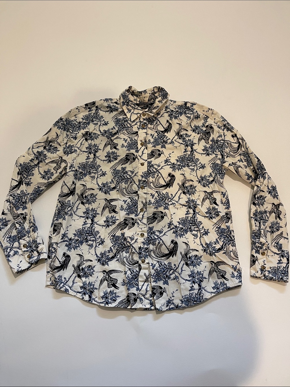 Scotch & Soda Maison Scotch Cream Shirt with Blue Bird & Floral Motif